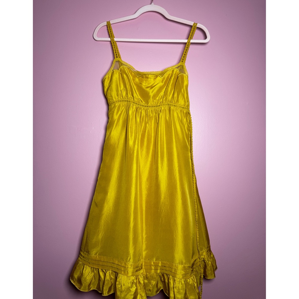 Viola Mustard Yellow 100% Silk Empire Waist Ruffle Hem Slip Dress Size 2
